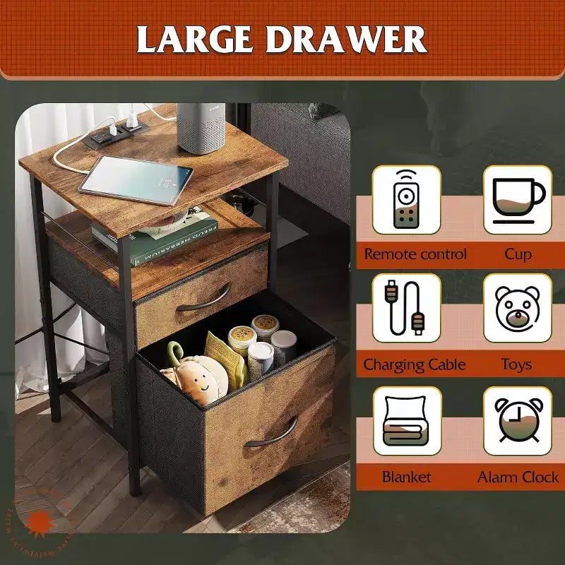DEXYLLO Ensemble de 2 tables de chevet avec station de charge, table d'appoint avec 2 tiroirs en tissu pour le rangement, petite commode de chambre, table d'appoint pour salon