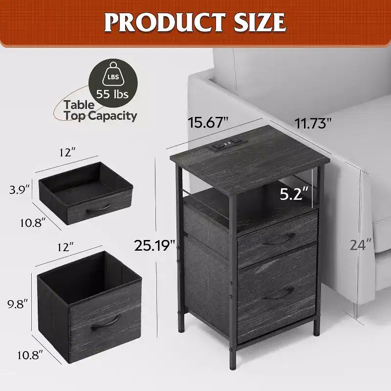 DEXYLLO Ensemble de 2 tables de chevet avec station de charge, table d'appoint avec 2 tiroirs en tissu pour le rangement, petite commode de chambre, table d'appoint pour salon