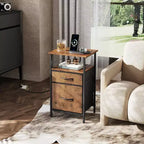 DEXYLLO Ensemble de 2 tables de chevet avec station de charge, table d'appoint avec 2 tiroirs en tissu pour le rangement, petite commode de chambre, table d'appoint pour salon