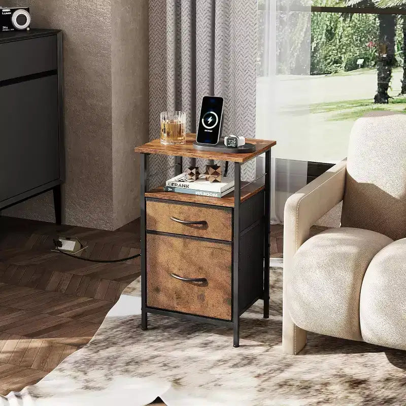 DEXYLLO Ensemble de 2 tables de chevet avec station de charge, table d'appoint avec 2 tiroirs en tissu pour le rangement, petite commode de chambre, table d'appoint pour salon