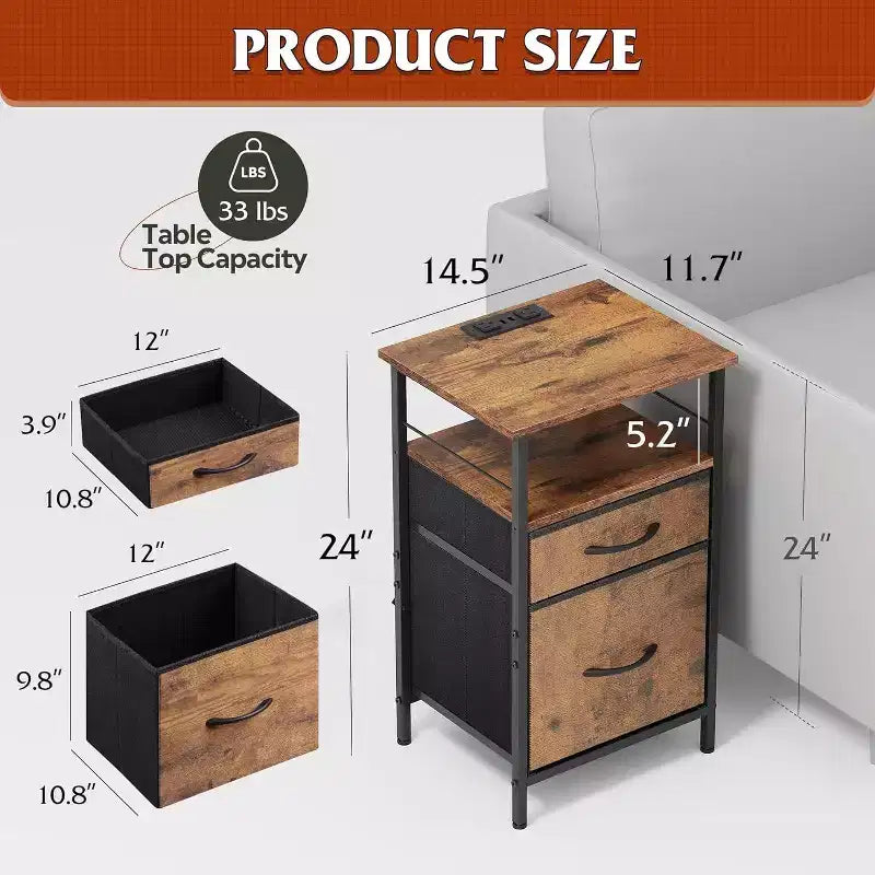 DEXYLLO Ensemble de 2 tables de chevet avec station de charge, table d'appoint avec 2 tiroirs en tissu pour le rangement, petite commode de chambre, table d'appoint pour salon