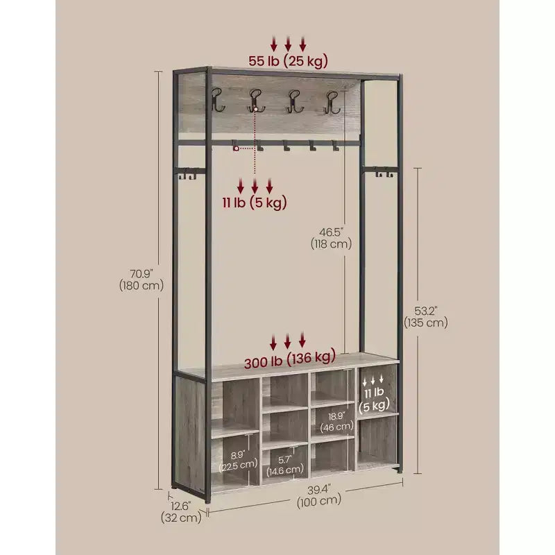 VASAGLE Portemanteau d'entrée avec banc et rangement à chaussures, porte-manteau avec banc à chaussures, meuble d'entrée, compartiments ouverts