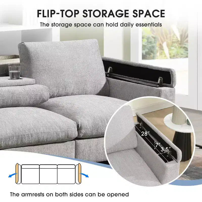 Canapé modulable multifonctionnel GDFStudio Yedda 96 en chenille avec table rabattable et porte-gobelets