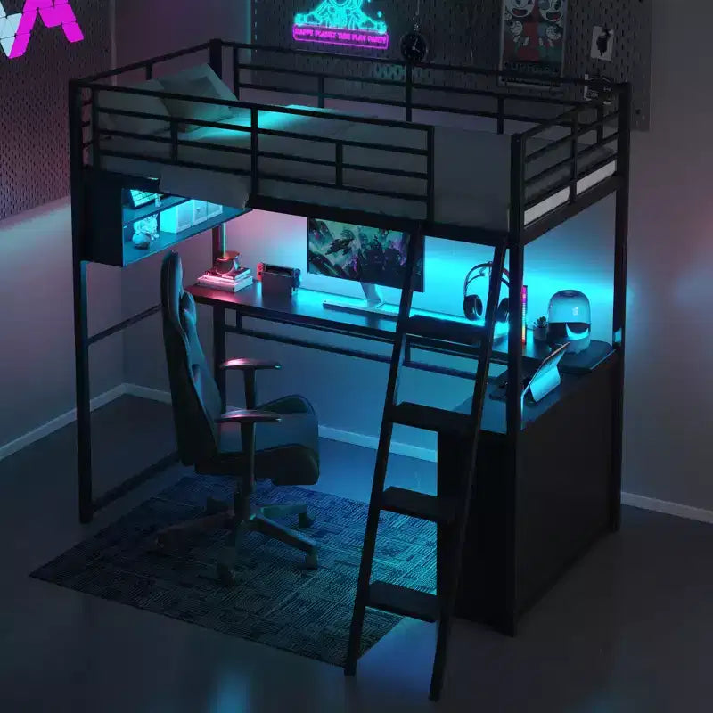 Lit mezzanine double/grand format en métal avec lumière LED, bureau et 4 étagères de rangement, noir - ModernLuxe