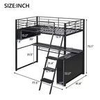 Lit mezzanine double/grand format en métal avec lumière LED, bureau et 4 étagères de rangement, noir - ModernLuxe
