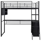 Lit mezzanine double/grand format en métal avec lumière LED, bureau et 4 étagères de rangement, noir - ModernLuxe