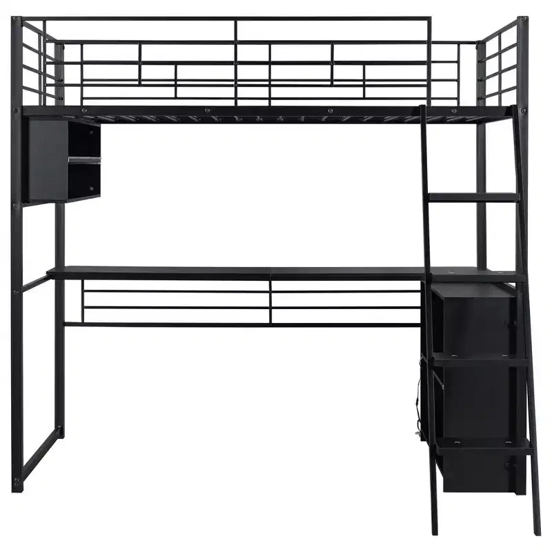 Lit mezzanine double/grand format en métal avec lumière LED, bureau et 4 étagères de rangement, noir - ModernLuxe