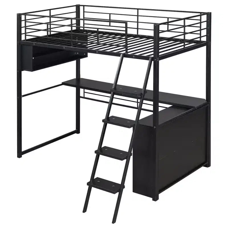 Lit mezzanine double/grand format en métal avec lumière LED, bureau et 4 étagères de rangement, noir - ModernLuxe