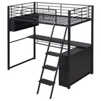 Lit mezzanine double/grand format en métal avec lumière LED, bureau et 4 étagères de rangement, noir - ModernLuxe