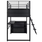 Lit mezzanine double/grand format en métal avec lumière LED, bureau et 4 étagères de rangement, noir - ModernLuxe