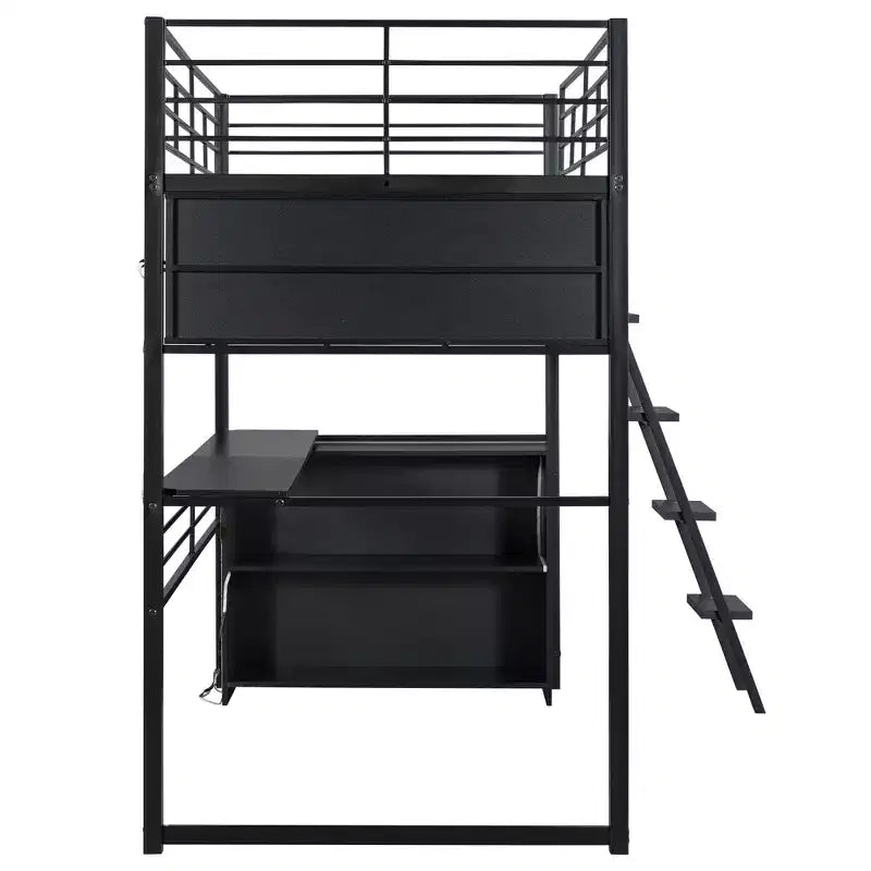 Lit mezzanine double/grand format en métal avec lumière LED, bureau et 4 étagères de rangement, noir - ModernLuxe