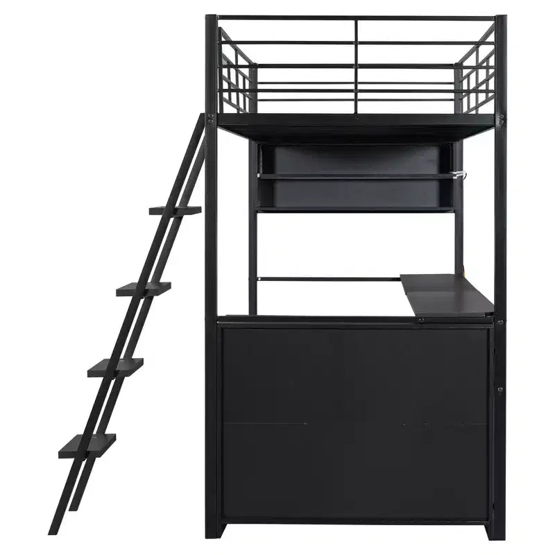 Lit mezzanine double/grand format en métal avec lumière LED, bureau et 4 étagères de rangement, noir - ModernLuxe