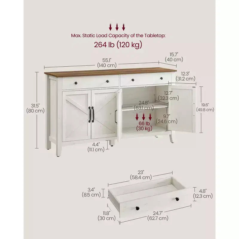 Meuble à café, Armoire de rangement de cuisine avec 2 tiroirs, Buffet de ferme avec étagères réglables pour la cuisine