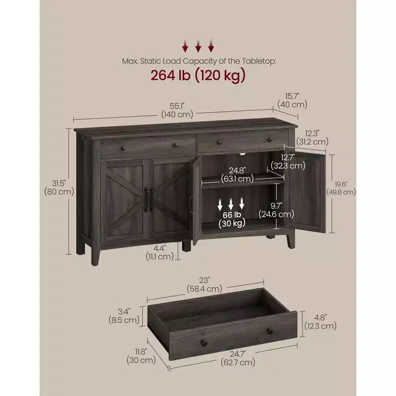 Meuble à café, Armoire de rangement de cuisine avec 2 tiroirs, Buffet de ferme avec étagères réglables pour la cuisine