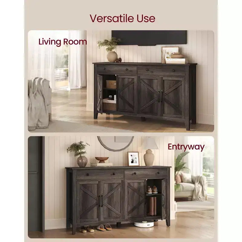 Meuble à café, Armoire de rangement de cuisine avec 2 tiroirs, Buffet de ferme avec étagères réglables pour la cuisine