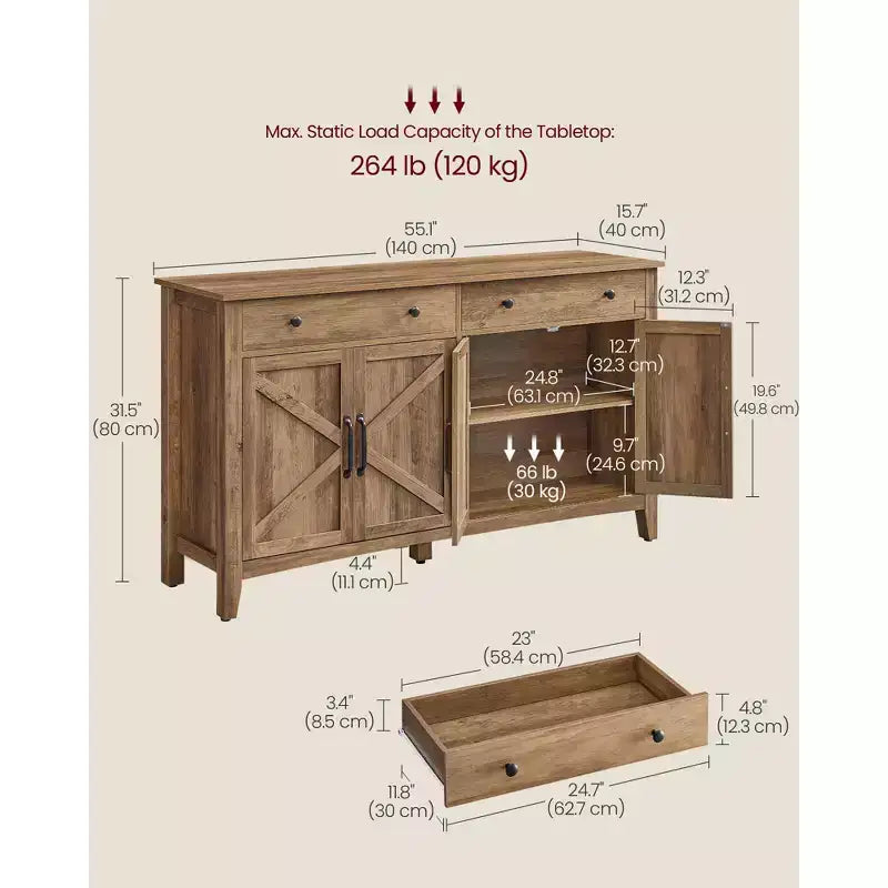 Meuble à café, Armoire de rangement de cuisine avec 2 tiroirs, Buffet de ferme avec étagères réglables pour la cuisine