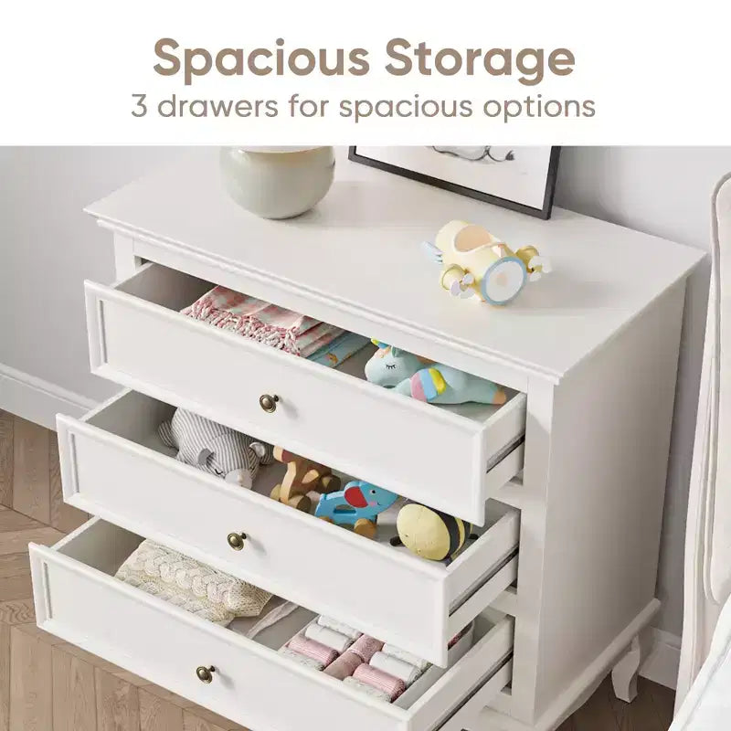 Commode Heynemo pour chambre, commode moderne à 3 tiroirs avec pieds en bois massif et finition peinte, idéale pour le salon, la chambre de bébé, le couloir