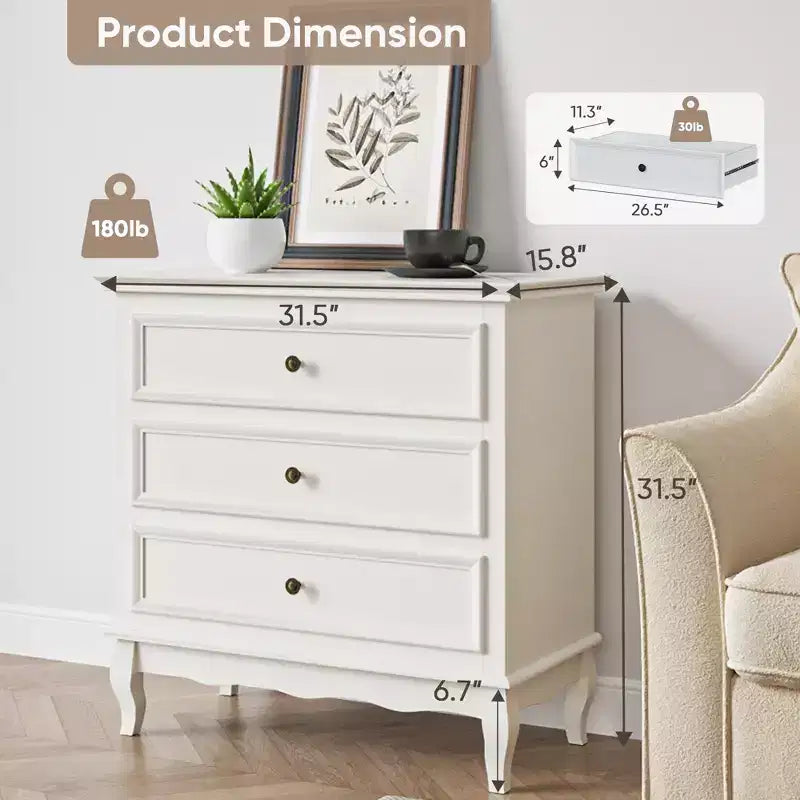 Commode Heynemo pour chambre, commode moderne à 3 tiroirs avec pieds en bois massif et finition peinte, idéale pour le salon, la chambre de bébé, le couloir