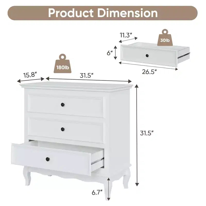 Commode Heynemo pour chambre, commode moderne à 3 tiroirs avec pieds en bois massif et finition peinte, idéale pour le salon, la chambre de bébé, le couloir