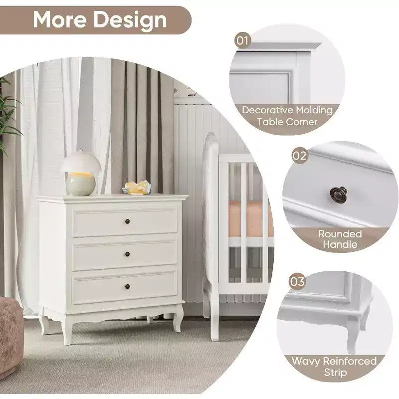 Commode Heynemo pour chambre, commode moderne à 3 tiroirs avec pieds en bois massif et finition peinte, idéale pour le salon, la chambre de bébé, le couloir