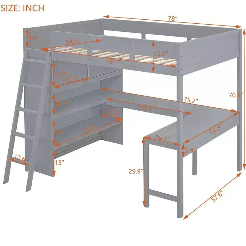 Lit mezzanine pleine grandeur Whisen 78L x 57,6W au design moderne avec bureau et étagère, stable et sûr