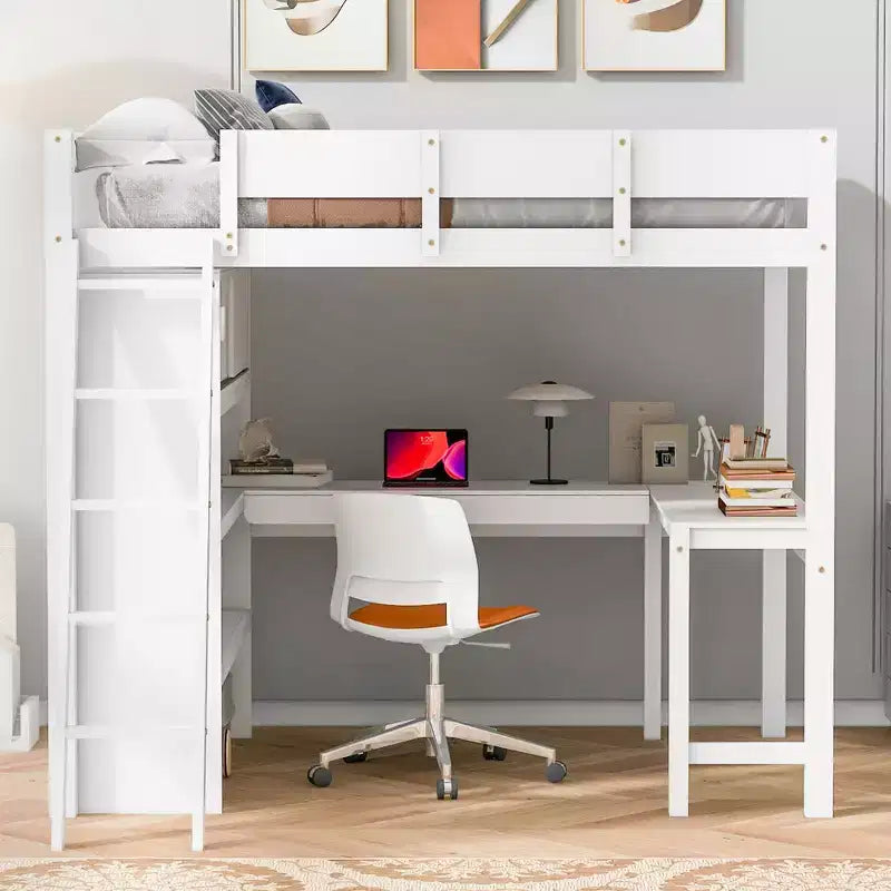 Lit mezzanine pleine grandeur Whisen 78L x 57,6W au design moderne avec bureau et étagère, stable et sûr