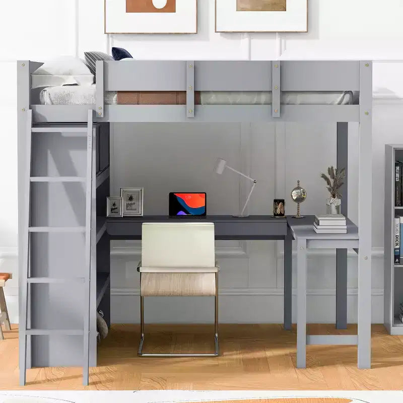 Lit mezzanine pleine grandeur Whisen 78L x 57,6W au design moderne avec bureau et étagère, stable et sûr