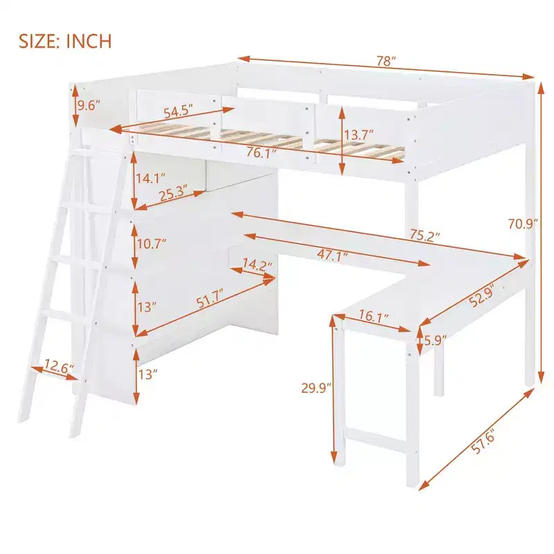 Lit mezzanine pleine grandeur Whisen 78L x 57,6W au design moderne avec bureau et étagère, stable et sûr