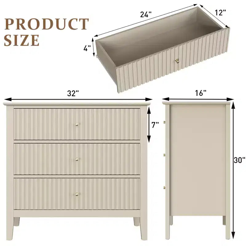 Commode 3 tiroirs cannelés Heynemo, ensemble de 1 avec glissière à roulement à billes, table de chevet moderne avec rangement spacieux pour chambre à coucher, couloir, blanc