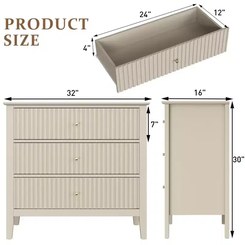 Commode 3 tiroirs cannelés Heynemo, ensemble de 1 avec glissière à roulement à billes, table de chevet moderne avec rangement spacieux pour chambre à coucher, couloir, blanc
