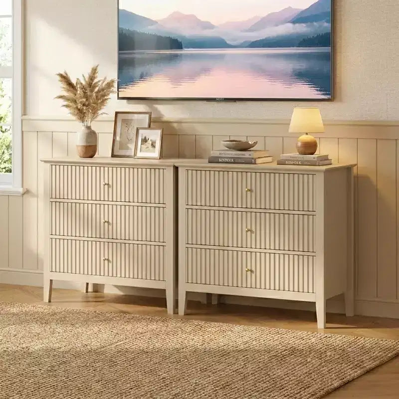 Commode 3 tiroirs cannelés Heynemo, ensemble de 1 avec glissière à roulement à billes, table de chevet moderne avec rangement spacieux pour chambre à coucher, couloir, blanc