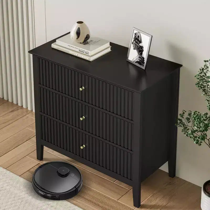 Commode 3 tiroirs cannelés Heynemo, ensemble de 1 avec glissière à roulement à billes, table de chevet moderne avec rangement spacieux pour chambre à coucher, couloir, blanc