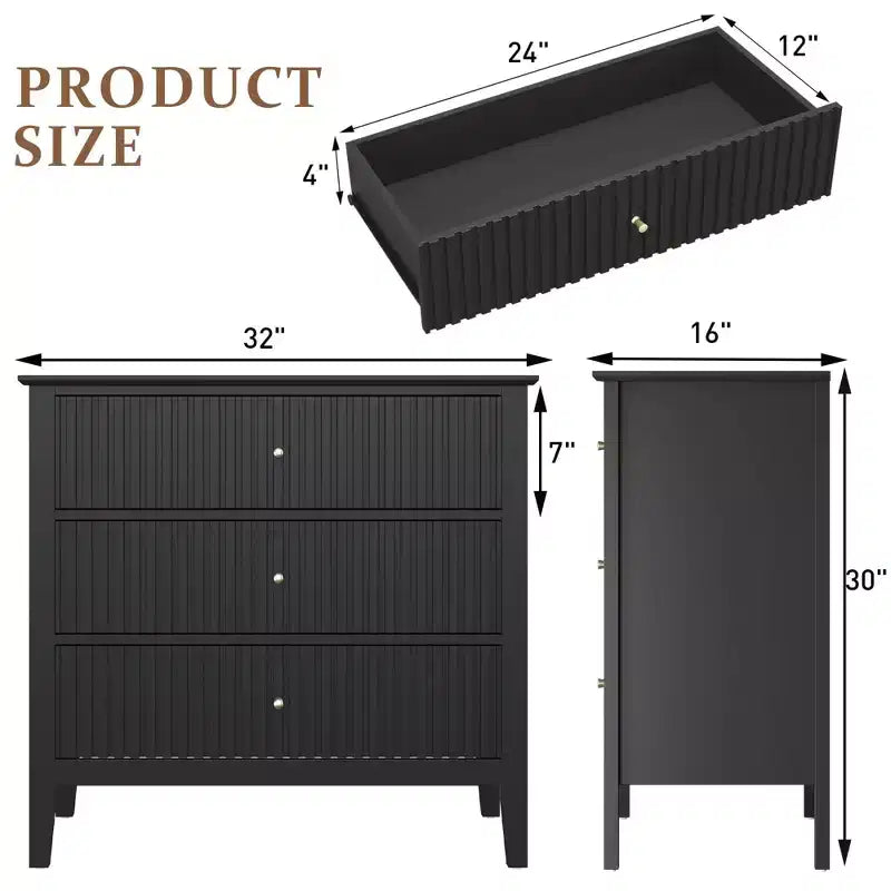 Commode 3 tiroirs cannelés Heynemo, ensemble de 1 avec glissière à roulement à billes, table de chevet moderne avec rangement spacieux pour chambre à coucher, couloir, blanc