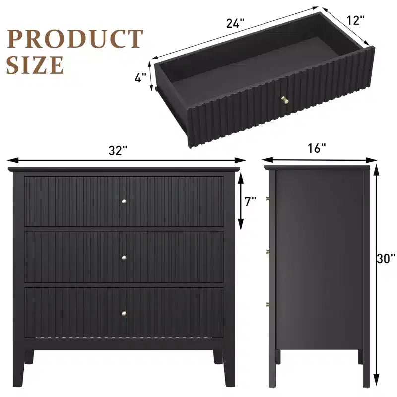 Commode 3 tiroirs cannelés Heynemo, ensemble de 1 avec glissière à roulement à billes, table de chevet moderne avec rangement spacieux pour chambre à coucher, couloir, blanc
