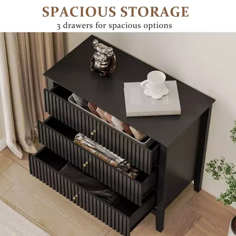 Commode 3 tiroirs cannelés Heynemo, ensemble de 1 avec glissière à roulement à billes, table de chevet moderne avec rangement spacieux pour chambre à coucher, couloir, blanc