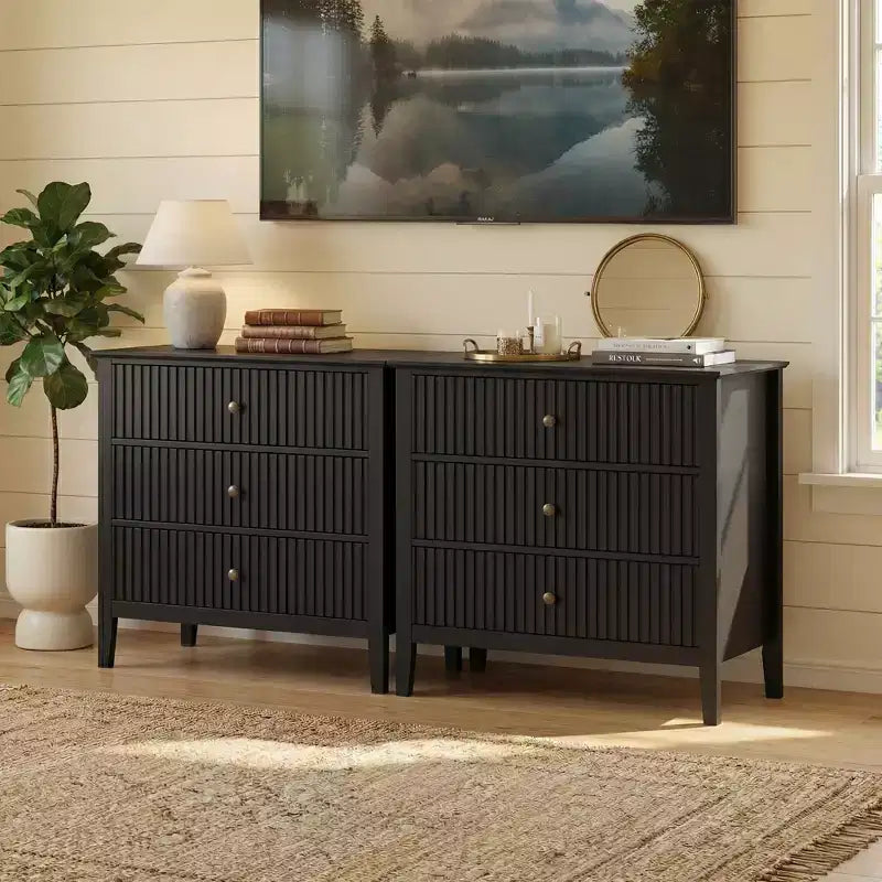 Commode 3 tiroirs cannelés Heynemo, ensemble de 1 avec glissière à roulement à billes, table de chevet moderne avec rangement spacieux pour chambre à coucher, couloir, blanc