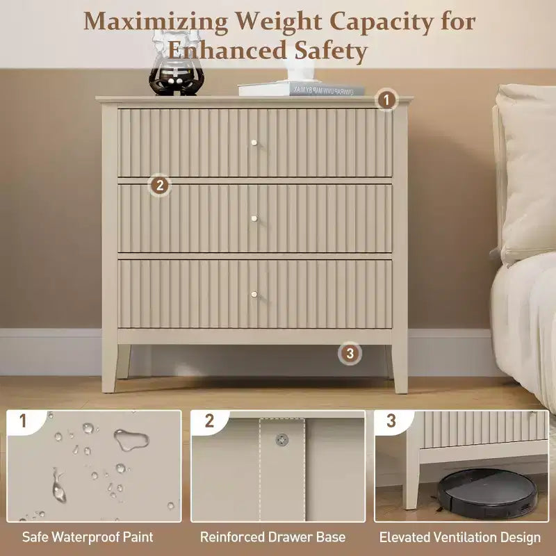 Commode 3 tiroirs cannelés Heynemo, ensemble de 1 avec glissière à roulement à billes, table de chevet moderne avec rangement spacieux pour chambre à coucher, couloir, blanc