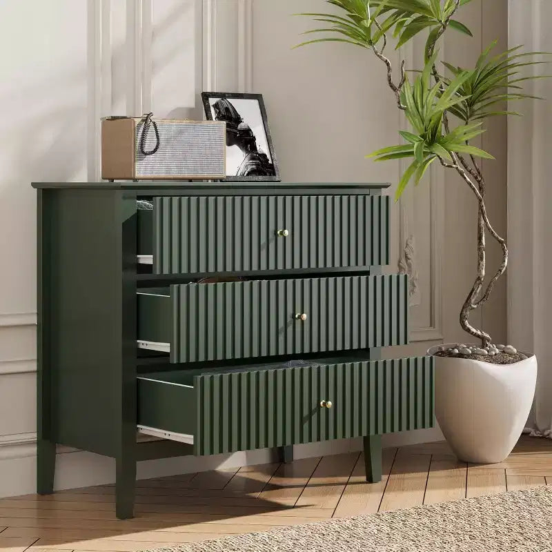 Commode 3 tiroirs cannelés Heynemo, ensemble de 1 avec glissière à roulement à billes, table de chevet moderne avec rangement spacieux pour chambre à coucher, couloir, blanc