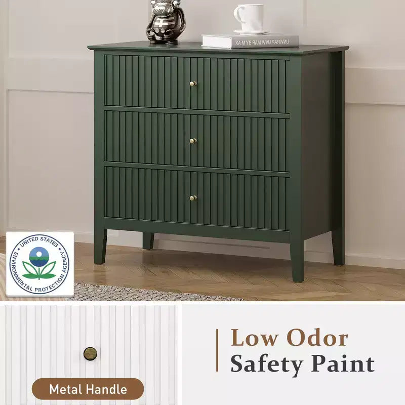 Commode 3 tiroirs cannelés Heynemo, ensemble de 1 avec glissière à roulement à billes, table de chevet moderne avec rangement spacieux pour chambre à coucher, couloir, blanc