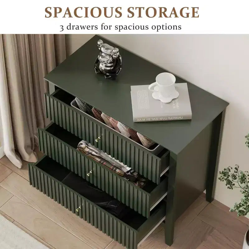 Commode 3 tiroirs cannelés Heynemo, ensemble de 1 avec glissière à roulement à billes, table de chevet moderne avec rangement spacieux pour chambre à coucher, couloir, blanc
