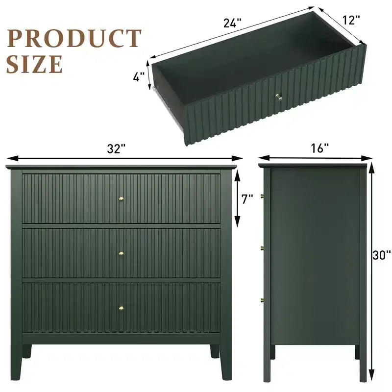 Commode 3 tiroirs cannelés Heynemo, ensemble de 1 avec glissière à roulement à billes, table de chevet moderne avec rangement spacieux pour chambre à coucher, couloir, blanc