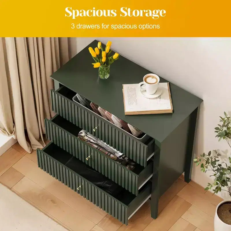 Commode 3 tiroirs cannelés Heynemo, ensemble de 1 avec glissière à roulement à billes, table de chevet moderne avec rangement spacieux pour chambre à coucher, couloir, blanc
