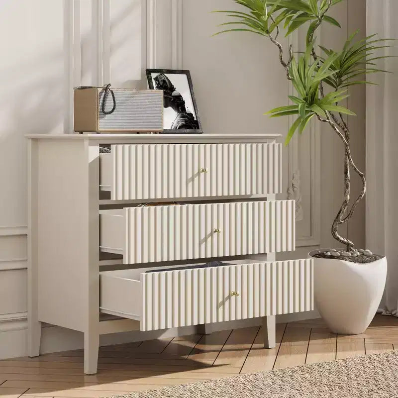 Commode 3 tiroirs cannelés Heynemo, ensemble de 1 avec glissière à roulement à billes, table de chevet moderne avec rangement spacieux pour chambre à coucher, couloir, blanc