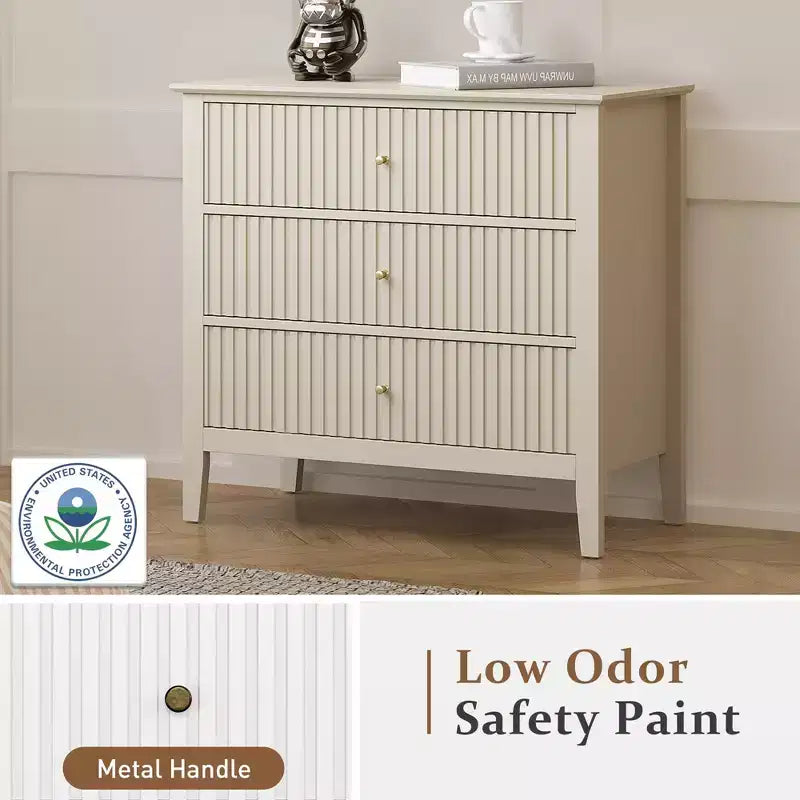 Commode 3 tiroirs cannelés Heynemo, ensemble de 1 avec glissière à roulement à billes, table de chevet moderne avec rangement spacieux pour chambre à coucher, couloir, blanc