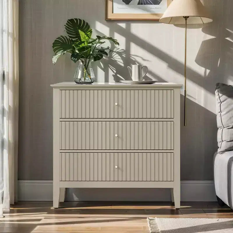 Commode 3 tiroirs cannelés Heynemo, ensemble de 1 avec glissière à roulement à billes, table de chevet moderne avec rangement spacieux pour chambre à coucher, couloir, blanc
