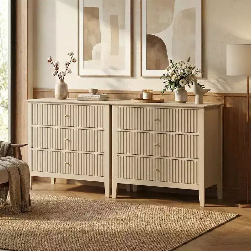 Commode 3 tiroirs cannelés Heynemo, ensemble de 1 avec glissière à roulement à billes, table de chevet moderne avec rangement spacieux pour chambre à coucher, couloir, blanc