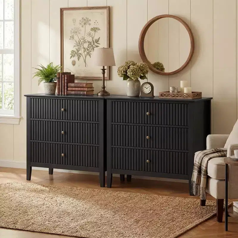Commode 3 tiroirs cannelés Heynemo, ensemble de 1 avec glissière à roulement à billes, table de chevet moderne avec rangement spacieux pour chambre à coucher, couloir, blanc