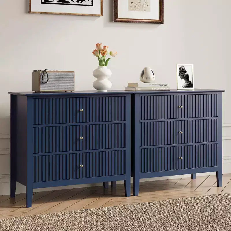 Commode 3 tiroirs cannelés Heynemo, ensemble de 1 avec glissière à roulement à billes, table de chevet moderne avec rangement spacieux pour chambre à coucher, couloir, blanc