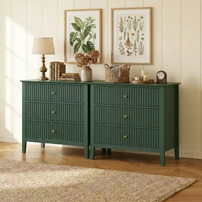 Commode 3 tiroirs cannelés Heynemo, ensemble de 1 avec glissière à roulement à billes, table de chevet moderne avec rangement spacieux pour chambre à coucher, couloir, blanc