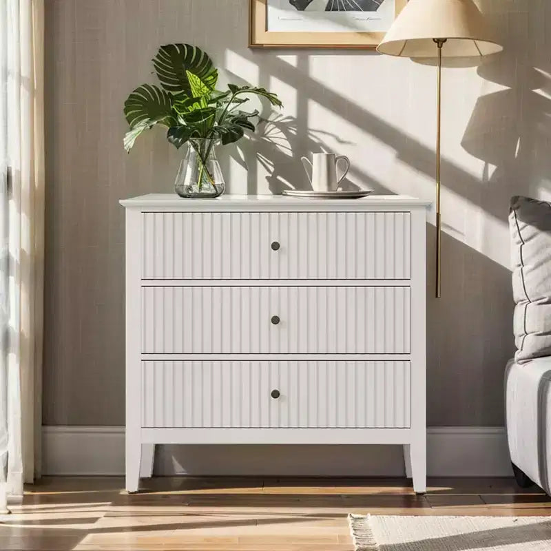 Commode 3 tiroirs cannelés Heynemo, ensemble de 1 avec glissière à roulement à billes, table de chevet moderne avec rangement spacieux pour chambre à coucher, couloir, blanc